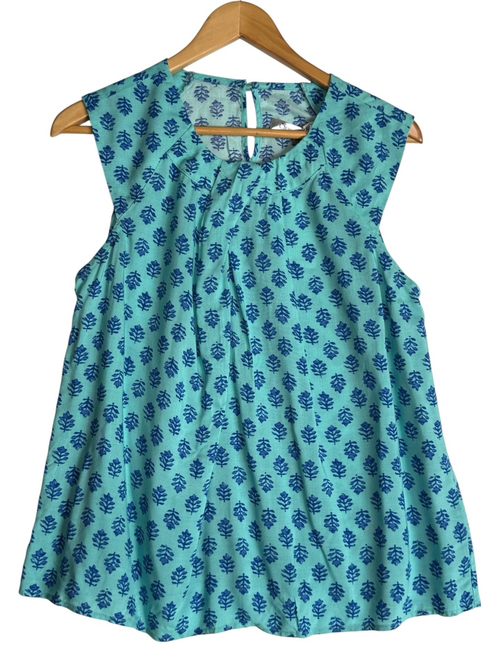 Sunny Girl turquoise sleeveless top all-over block-printed tree motif LARGE